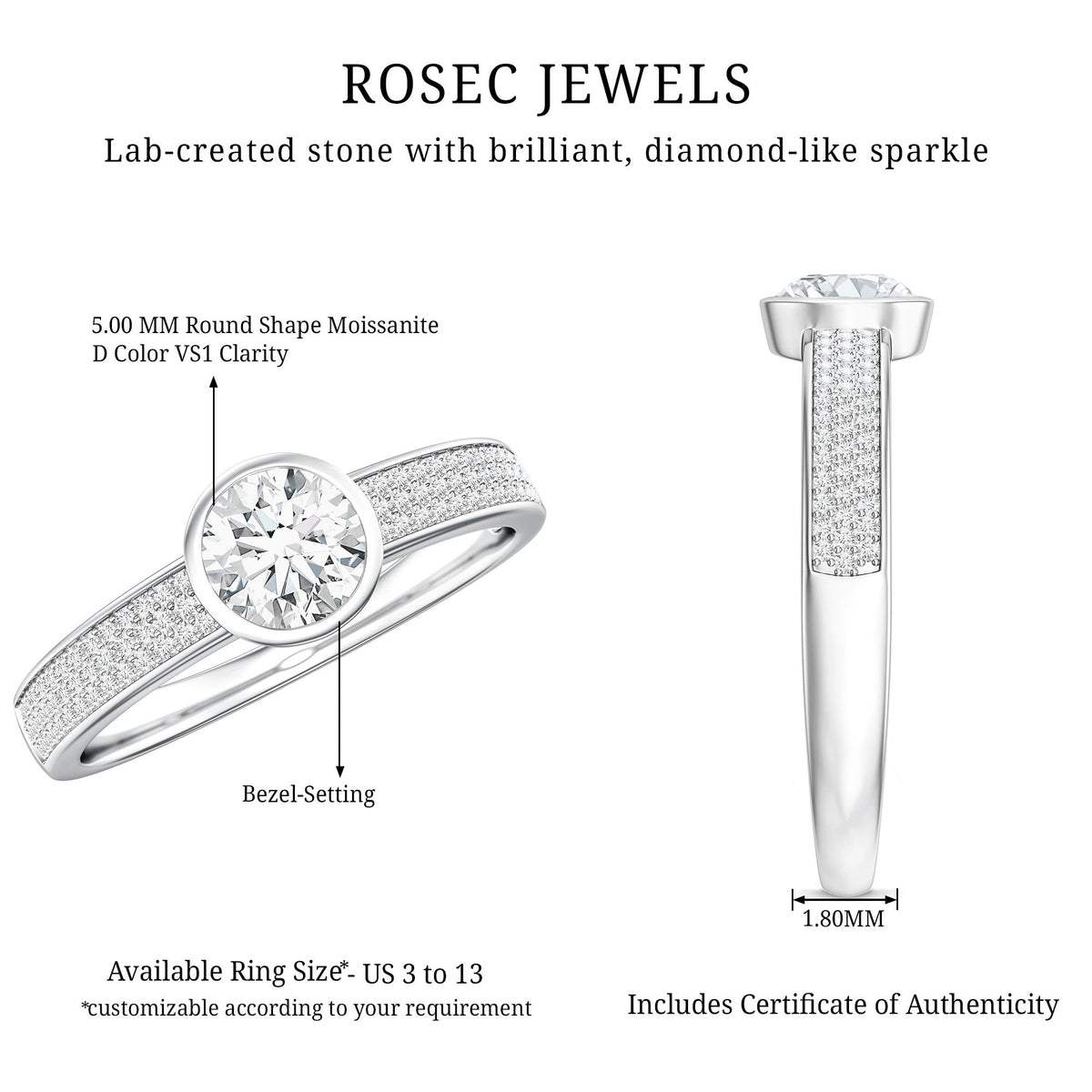 Bezel Set Moissanite Engagement Ring with Side Stones
