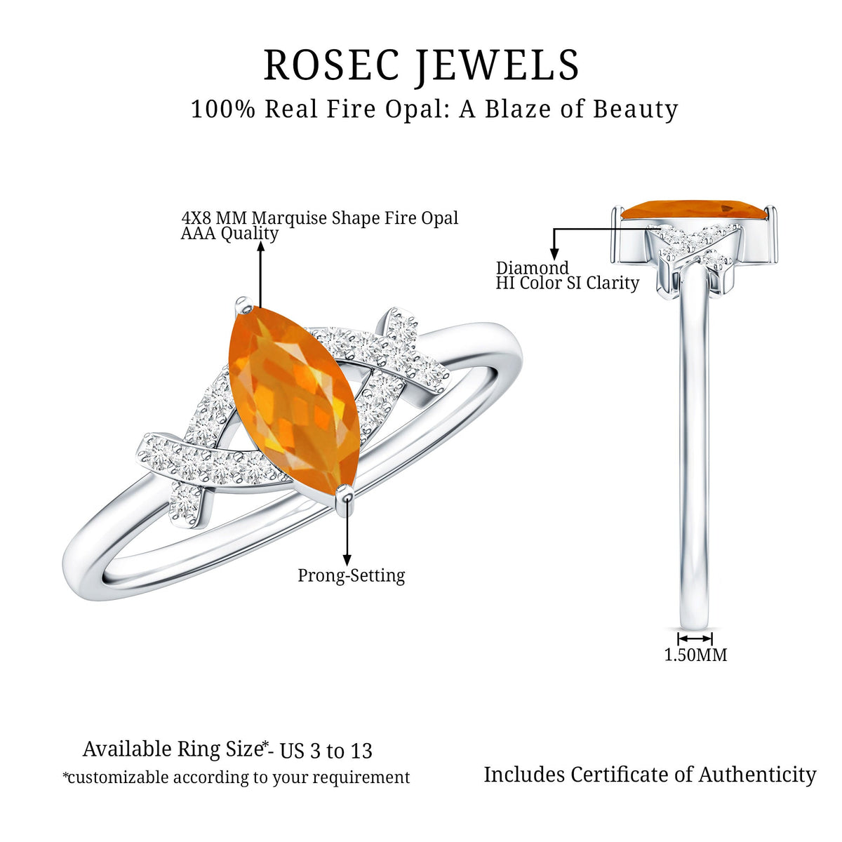 0.3 Carat Fire Opal Marquise Solitaire Ring with Diamond