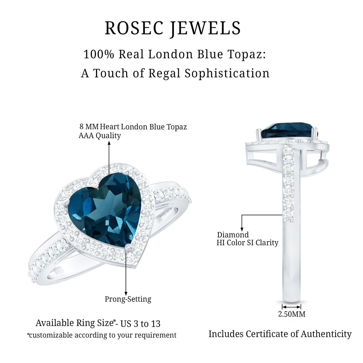 2 Carat London Blue Topaz Heart Promise Ring with Diamond Halo