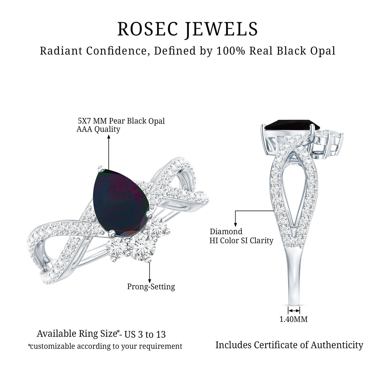 Designer Black Opal Teardrop Crossover Ring with Diamond
