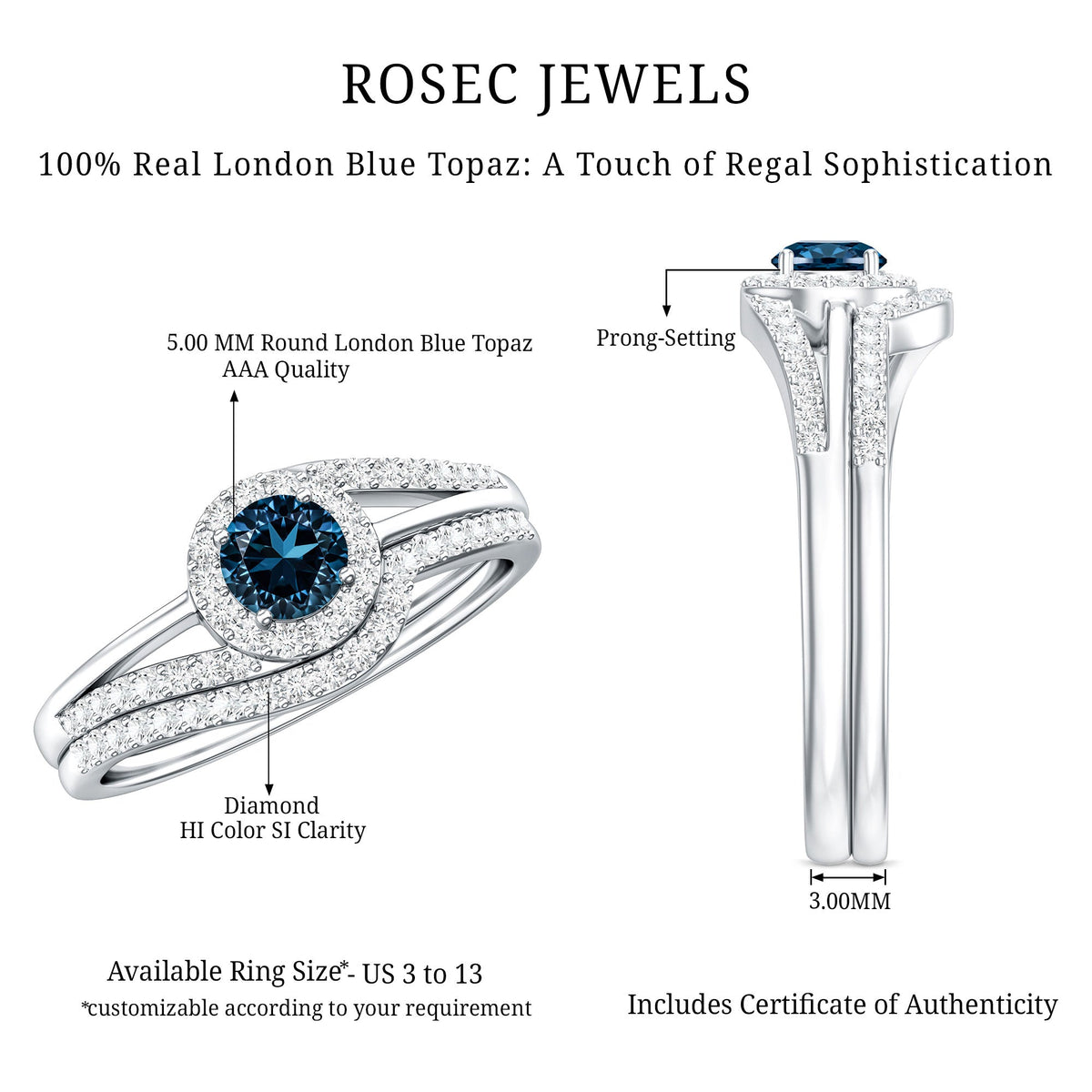 Certified London Blue Topaz and Diamond Halo Wedding Ring Set