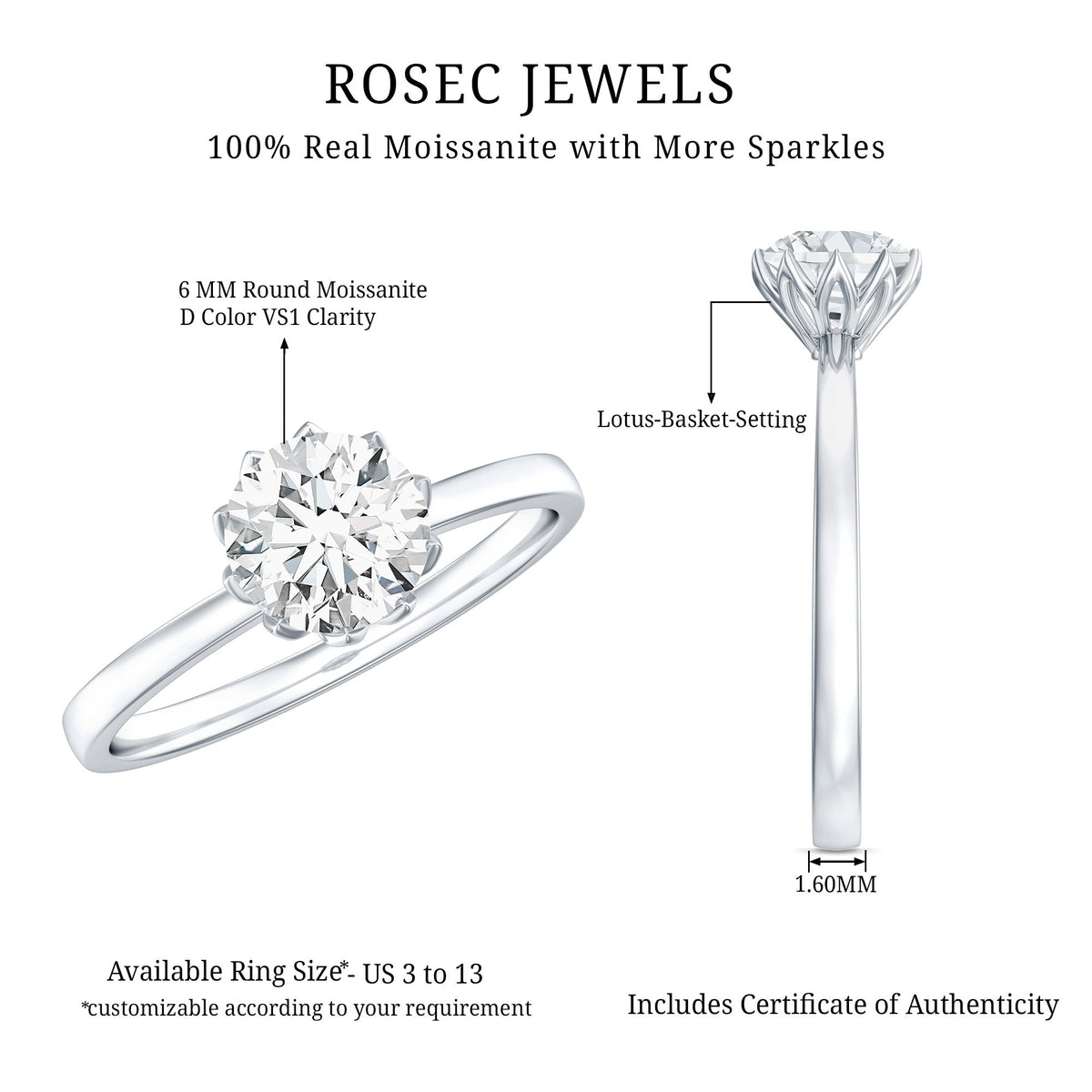 0.9 Carat Moissanite Solitaire Ring in Lotus Basket Setting
