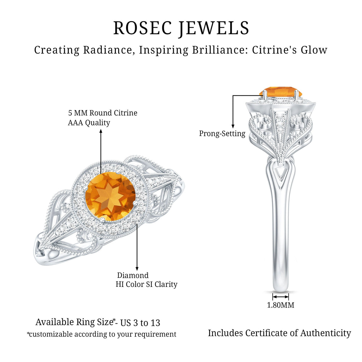 Vintage Style Citrine Engagement Ring with Diamond Halo