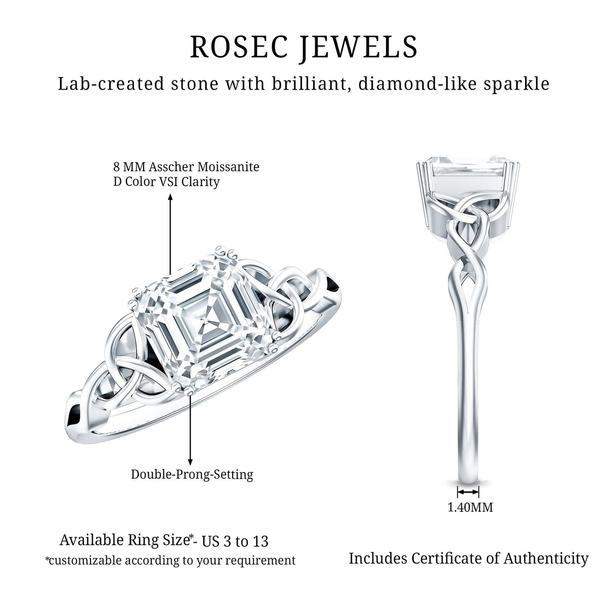 Asscher Cut 3 Carat Moissanite Celtic Knot Engagement Ring