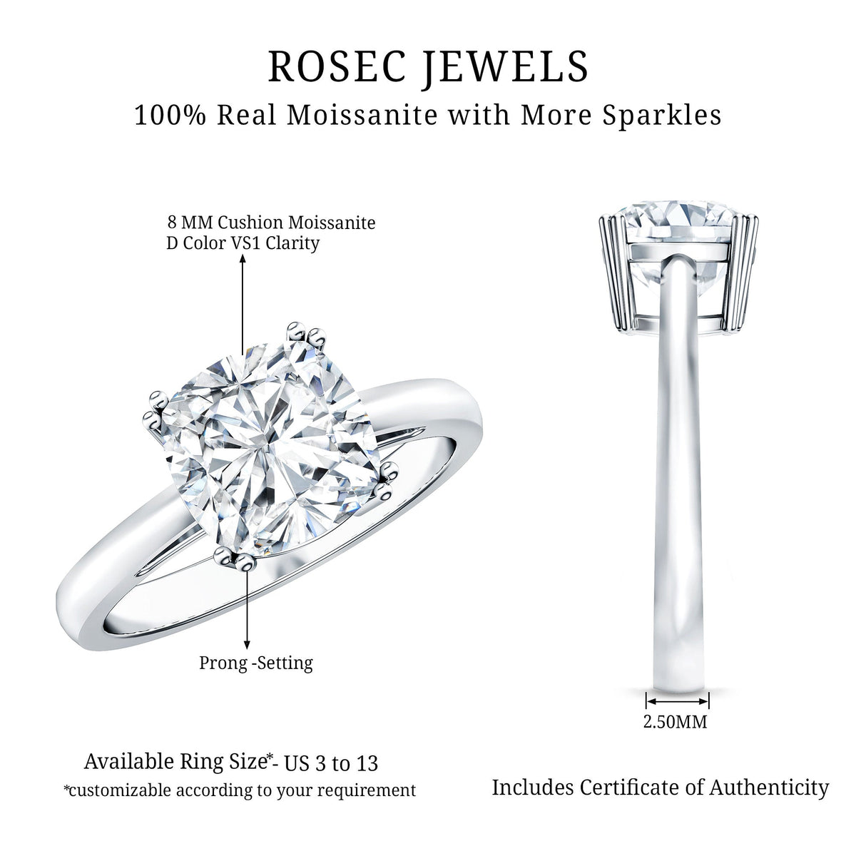 3 CT Cushion Cut Certified Moissanite Solitaire Engagement Ring