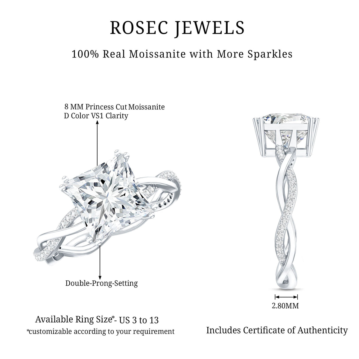 3 CT Princess Cut Moissanite Engagement Ring in Double Prong Setting