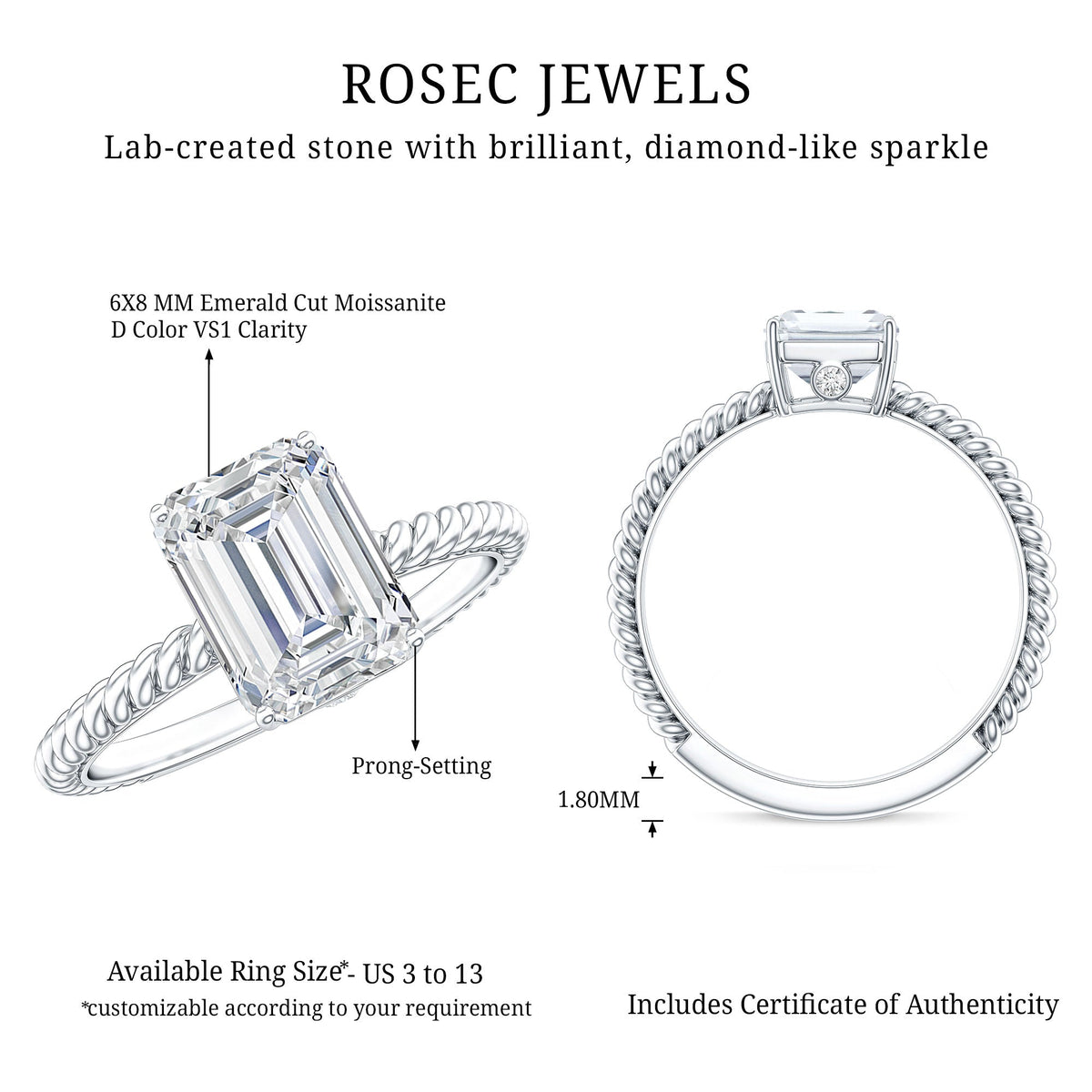 Emerald Cut Moissanite Engagement Ring with Twisted Rope Design