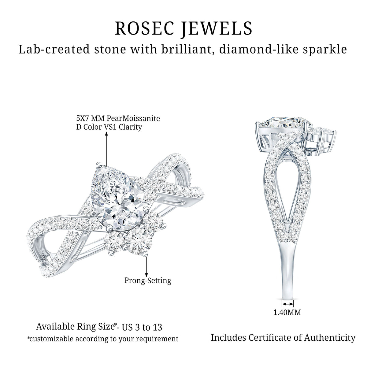 Designer Pear Shaped Moissanite Crossover Engagement Ring