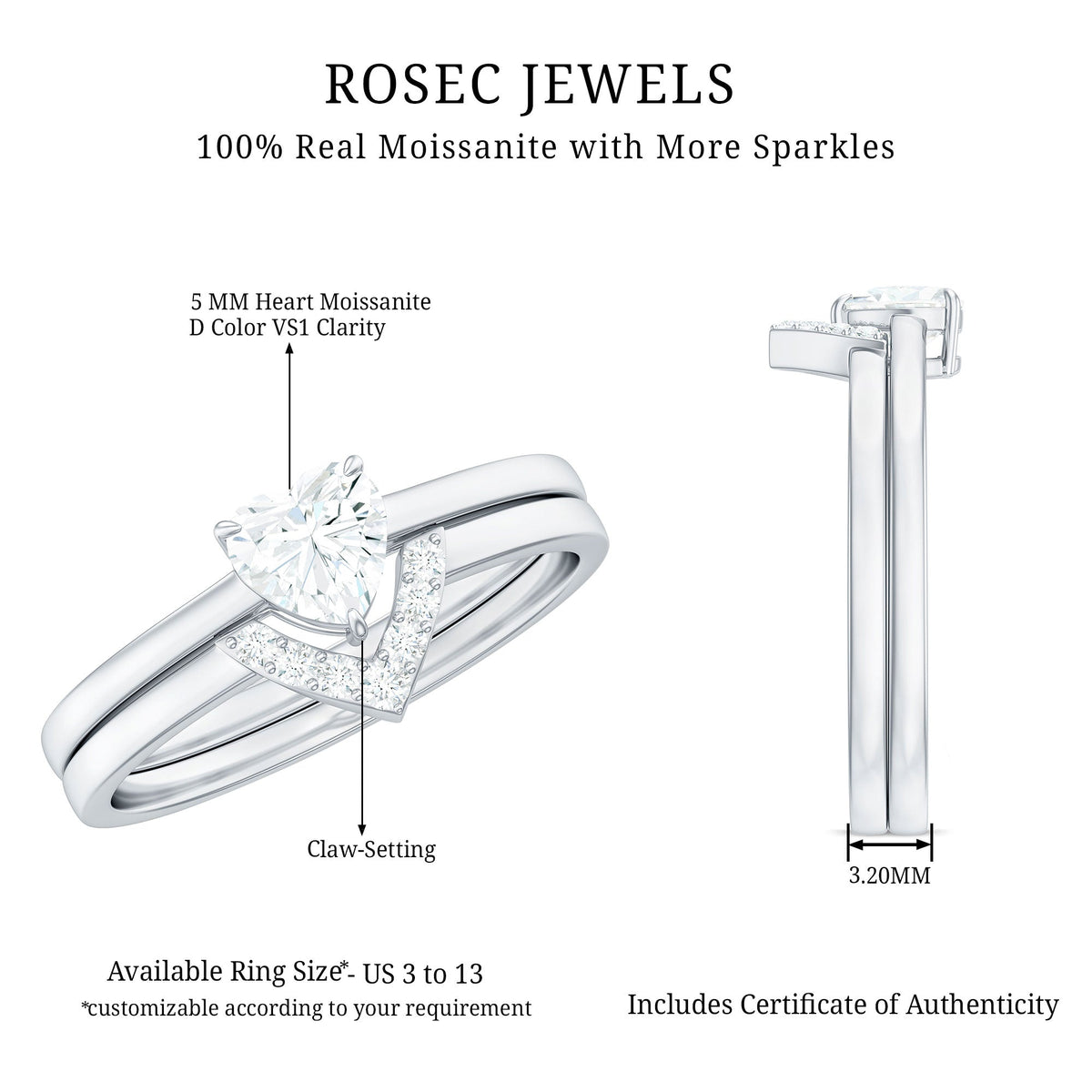 Heart Shaped Moissanite Solitaire Wedding Ring Set for Women