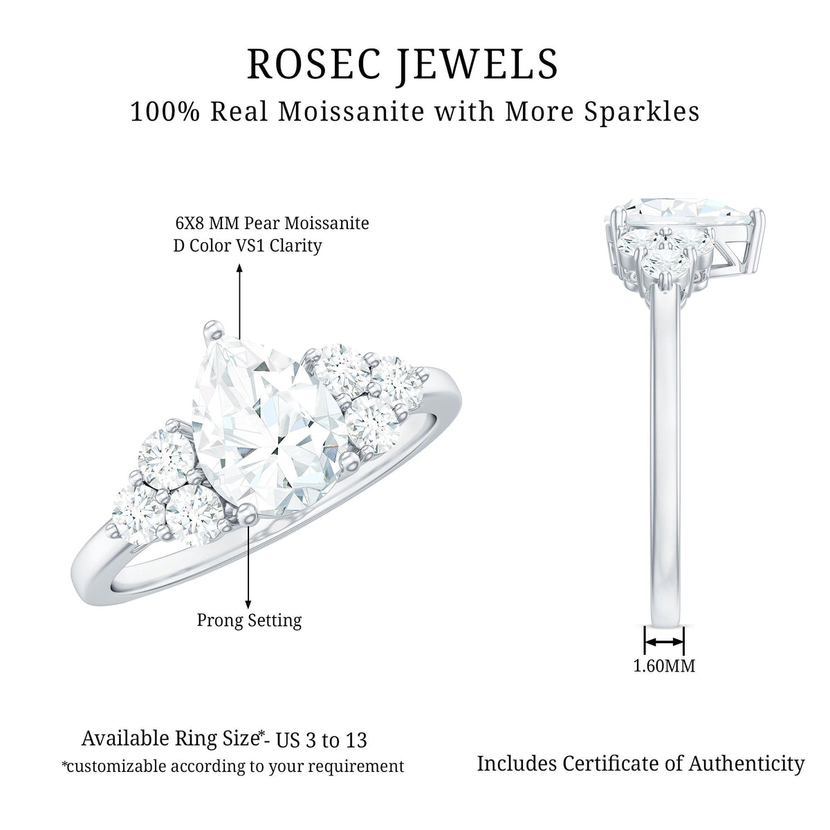 Certified 1.3 Carat Moissanite Pear Engagement Ring with Trio