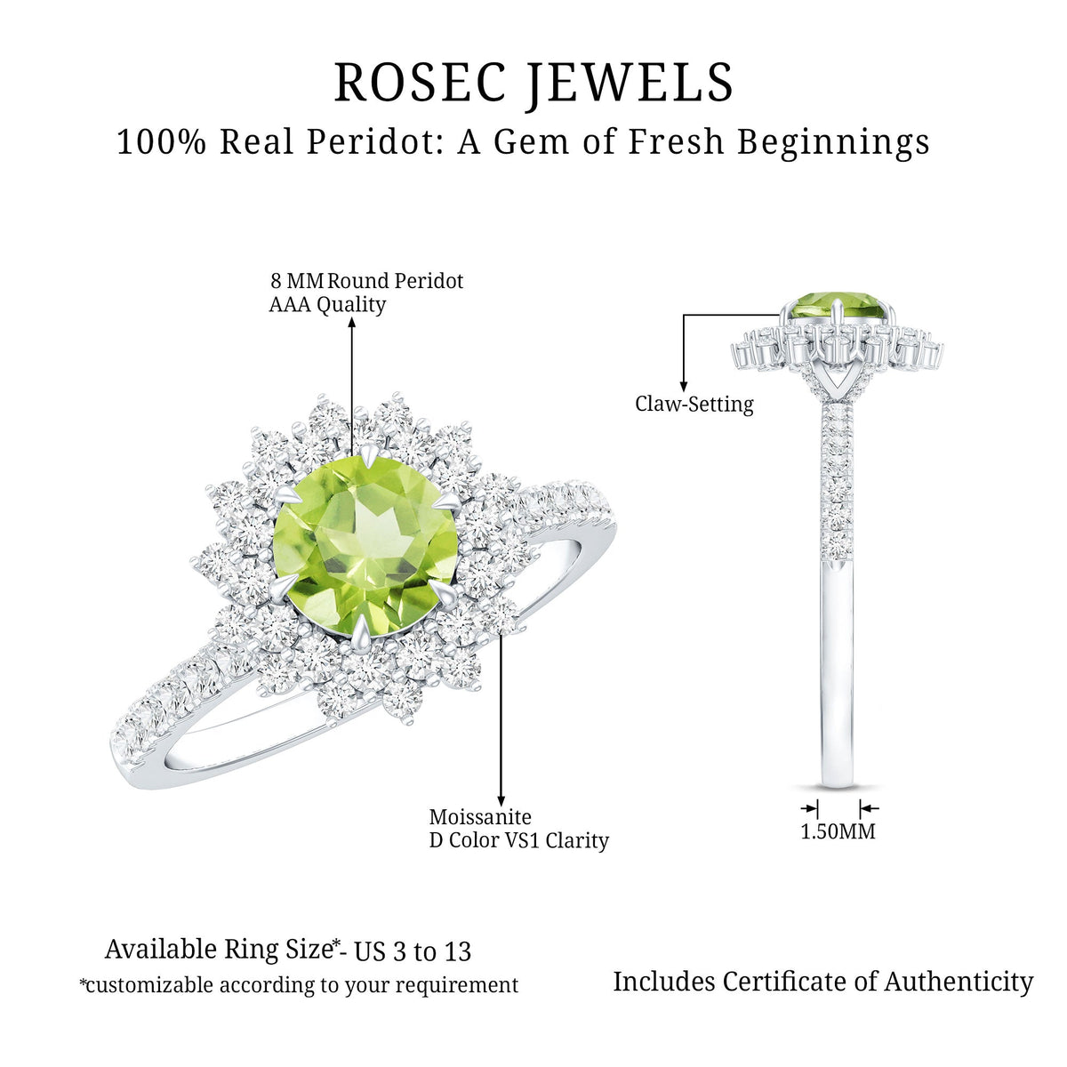 Certified Real 2 Carat Peridot Statement Engagement Ring