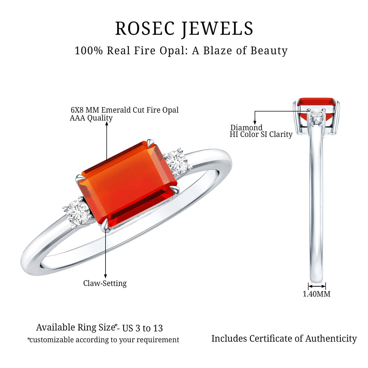 1 Carat Octagon Cut Fire Opal East West Engagement Ring with Diamond
