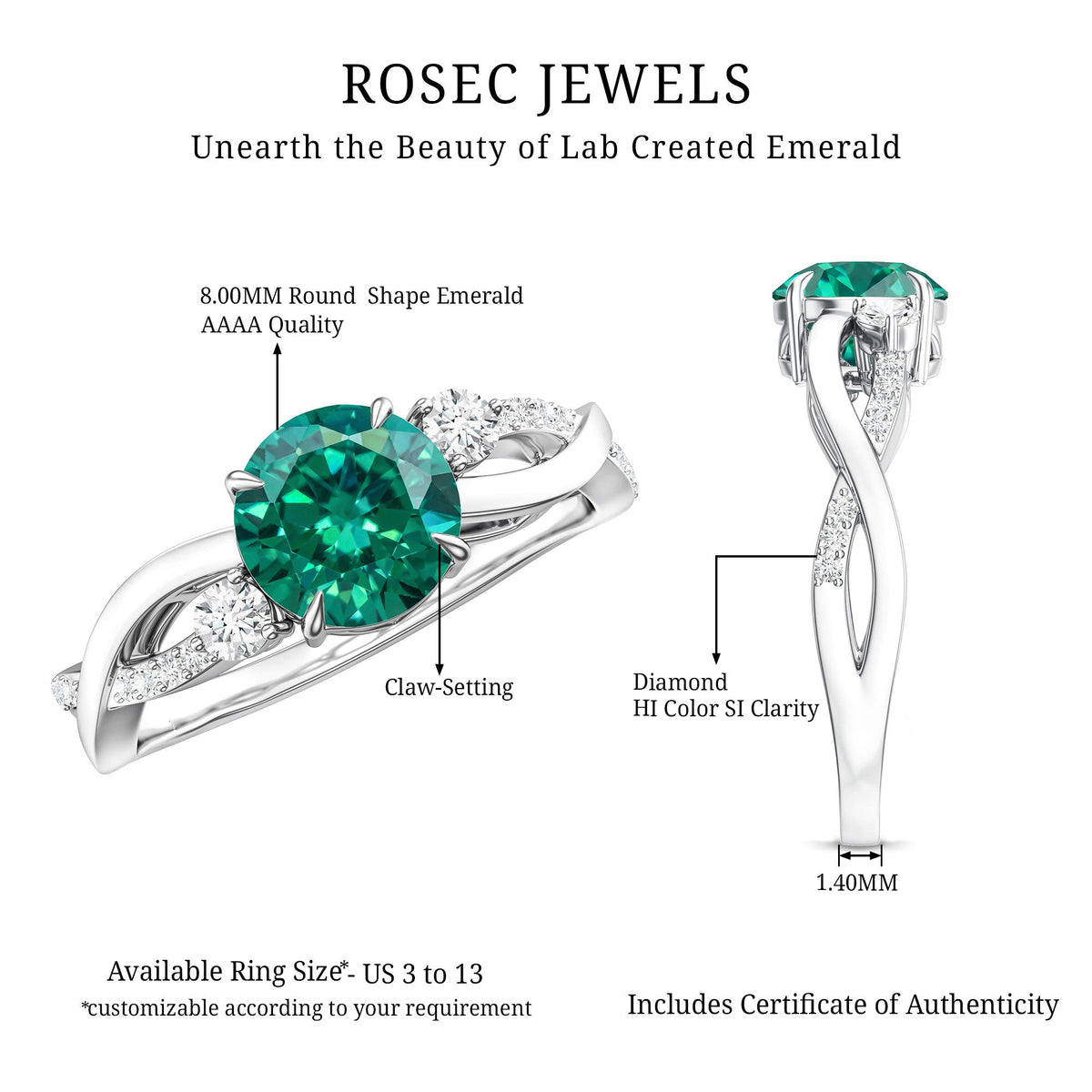 2 Carat Lab Grown Emerald and Diamond Engagement Ring with Crossover Shank