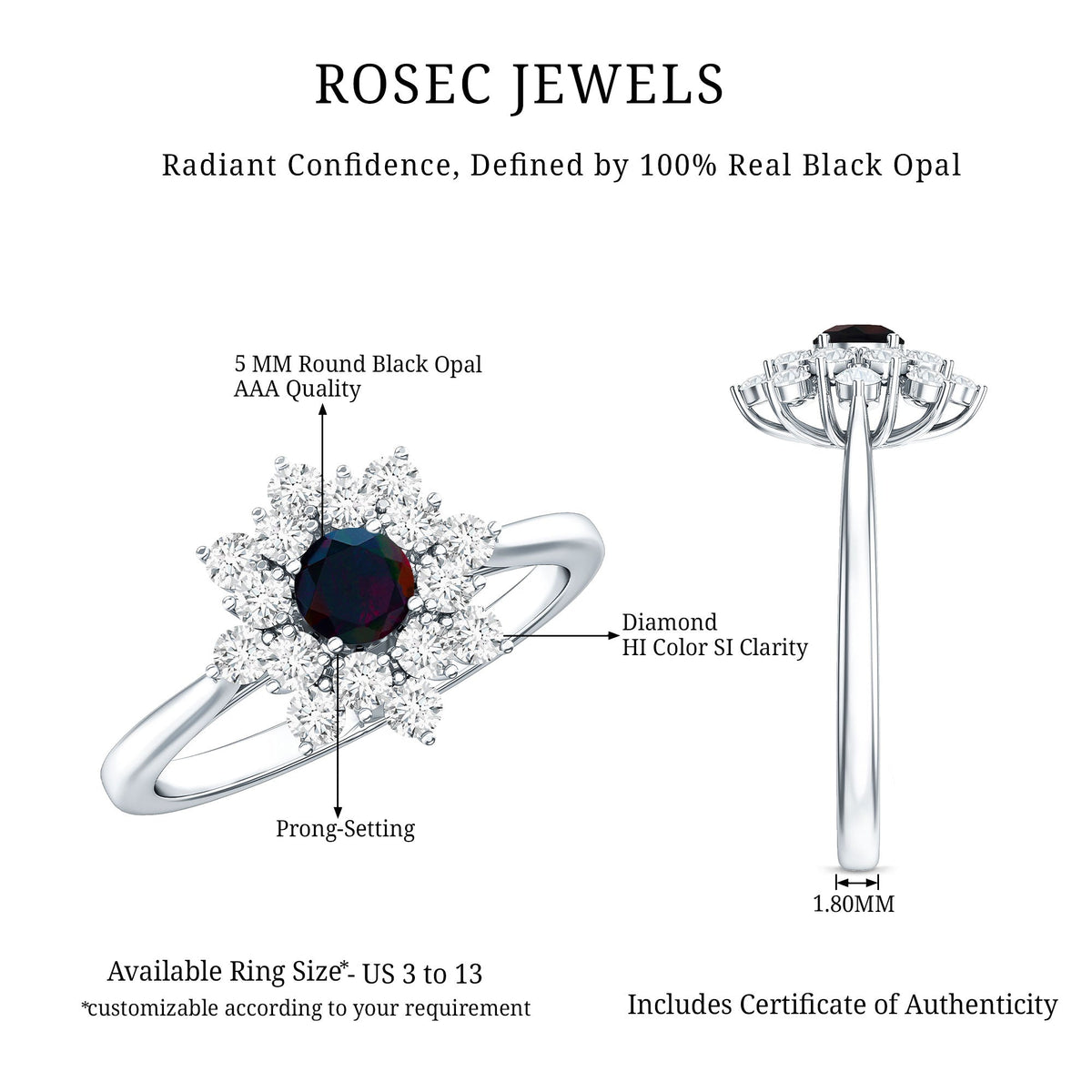 Black Opal and Diamond Flower Cluster Engagement Ring