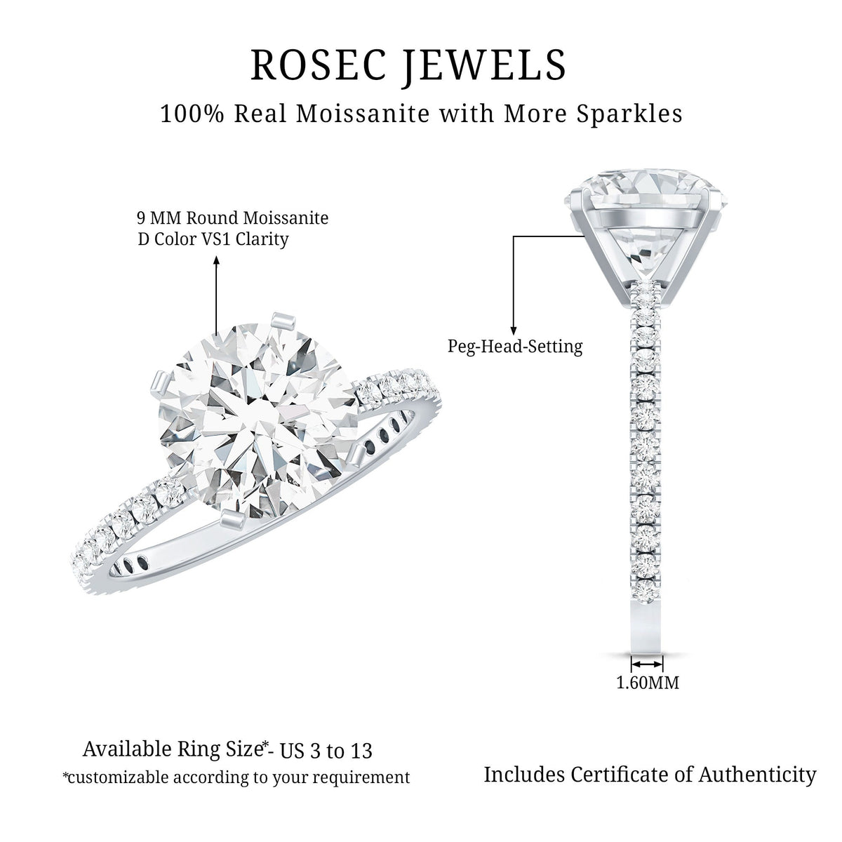 Certified Moissanite 3 Carat Engagement Ring with Side Stones