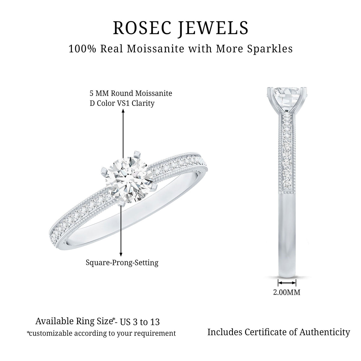 0.5 Carat Moissanite Solitaire Engagement Ring with Milgrain