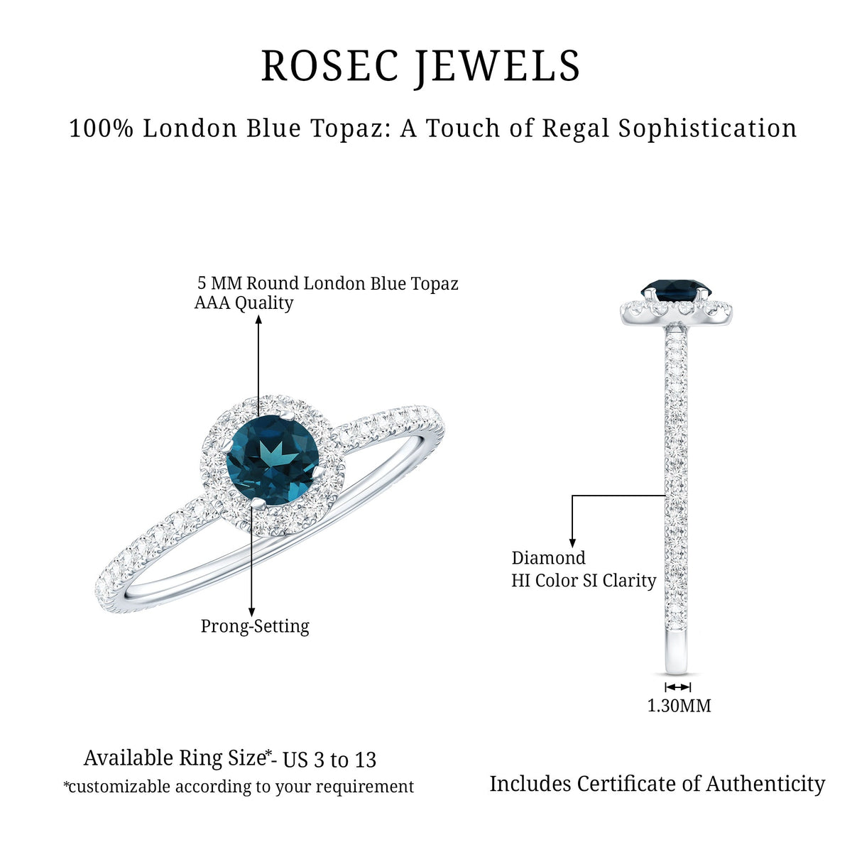 Round London Blue Topaz Halo Engagement Ring with Diamond