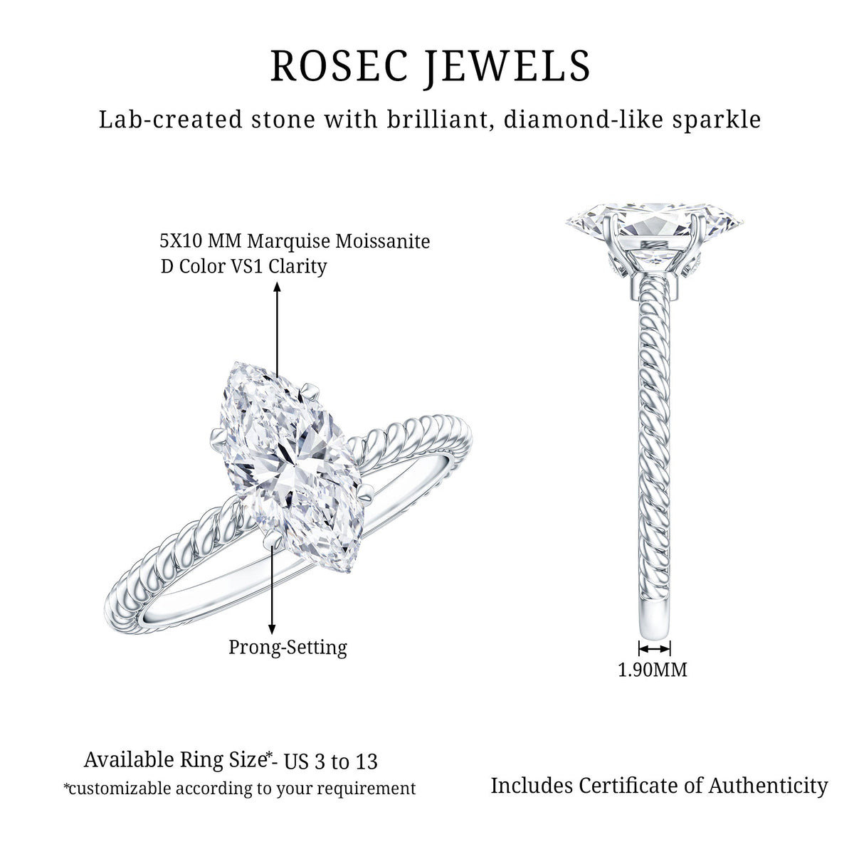 1 Carat Marquise Cut Moissanite Solitaire Engagement Ring with Twisted Rope Shank