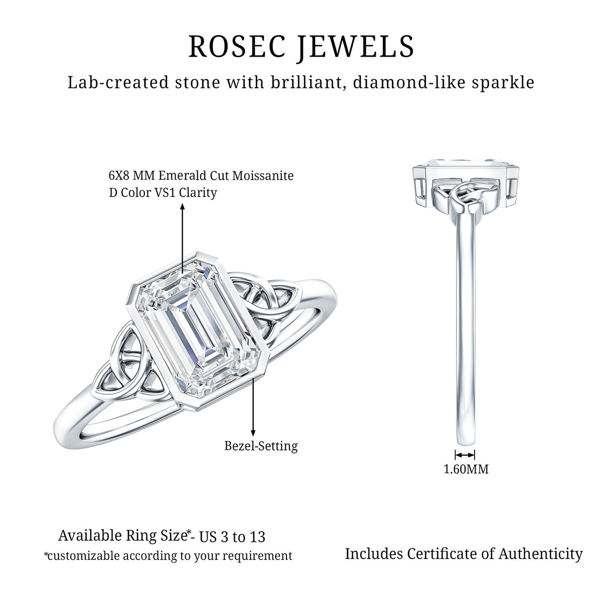 Emerald Cut Moissanite Solitaire Celtic Engagement Ring