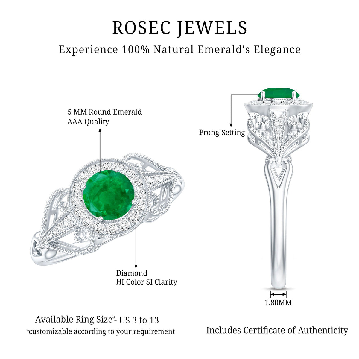AAA Quality Emerald and Diamond Vintage Inspired Engagement Ring