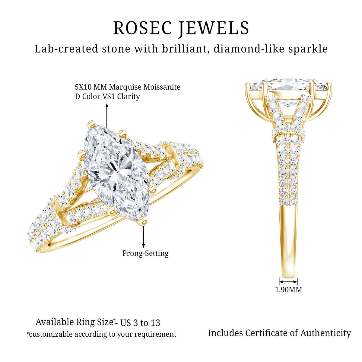 Certified 1 Carat Moissanite Marquise Engagement Ring with Split Shank