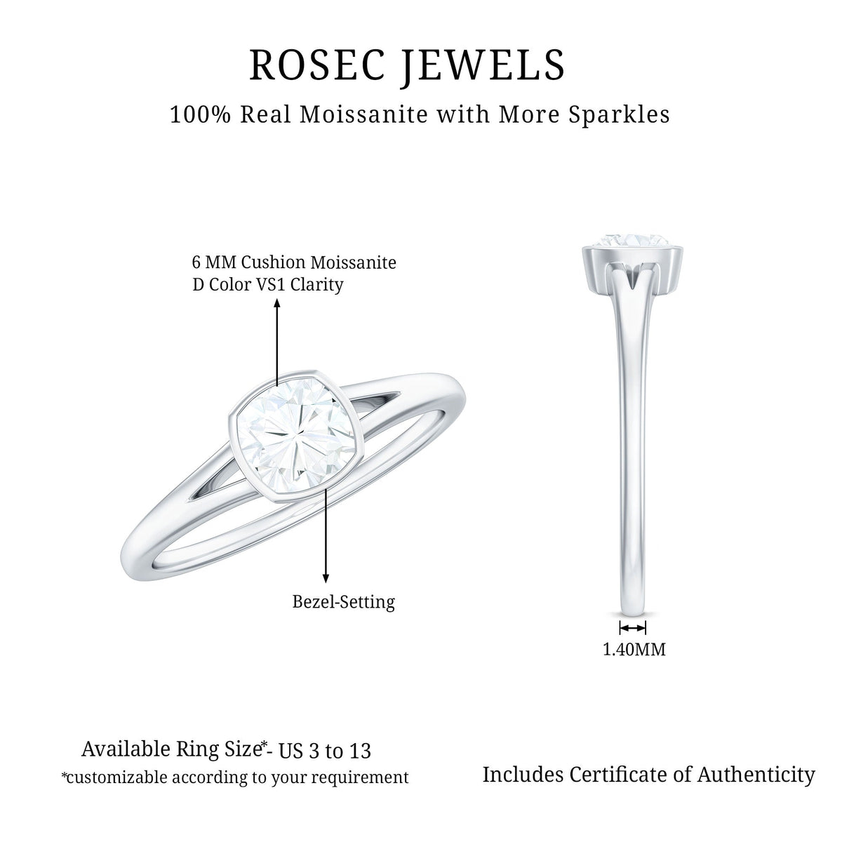 1.7 Carat Cushion Cut Moissanite Solitaire Split Shank Ring
