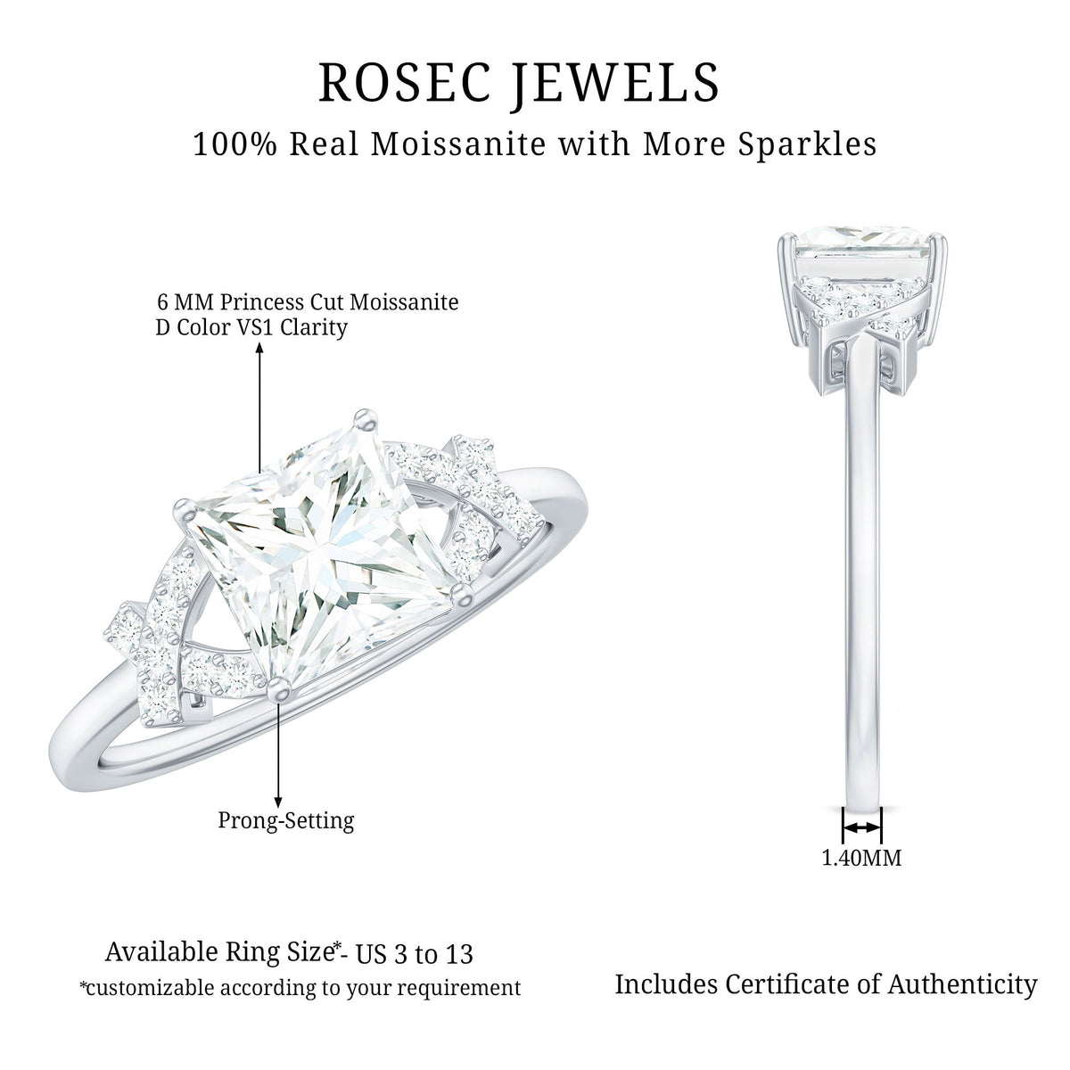 1 Carat Princess Cut Moissanite Solitaire Engagement Ring