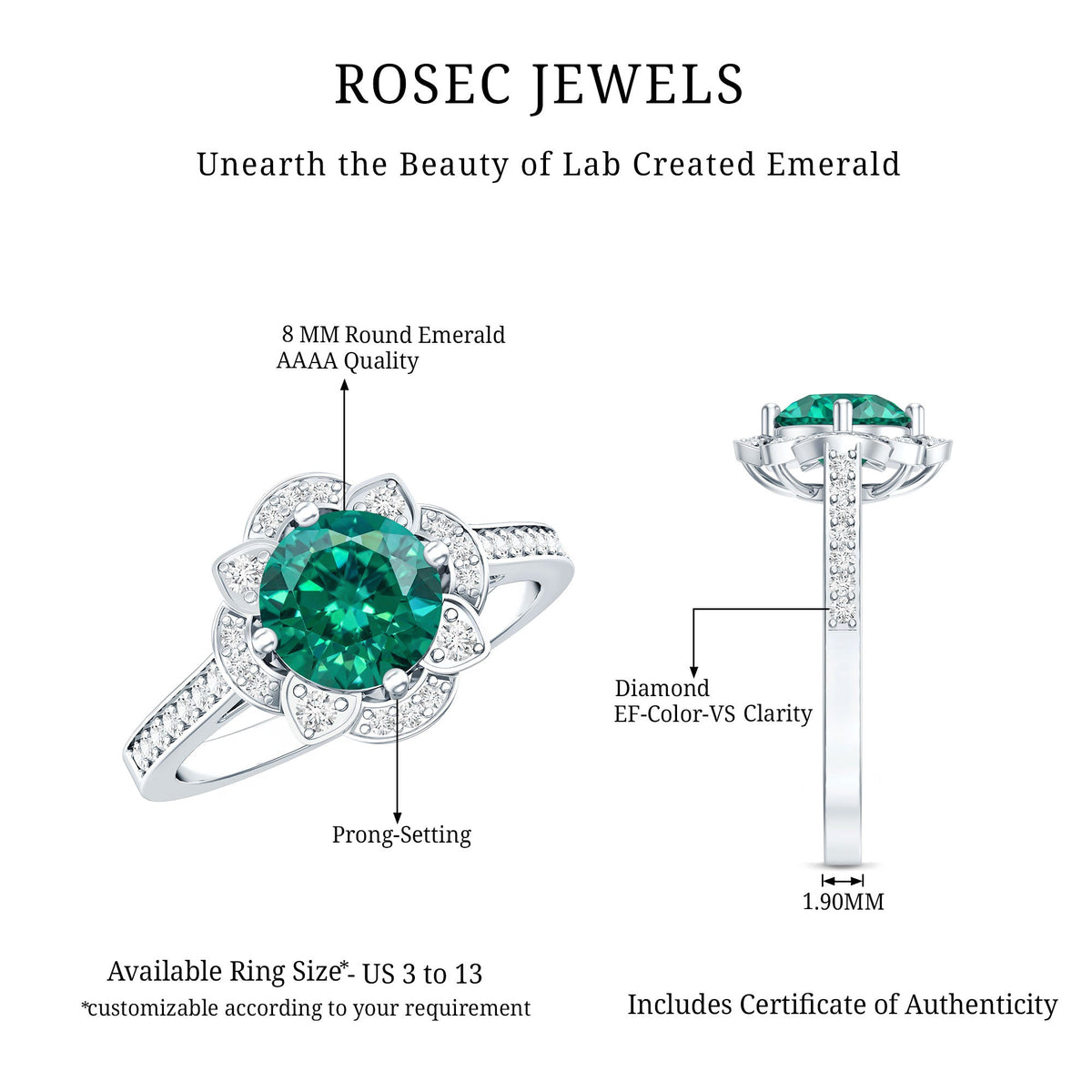 2 Carat Lab Grown Emerald Vintage Inspired Engagement Ring with Diamond