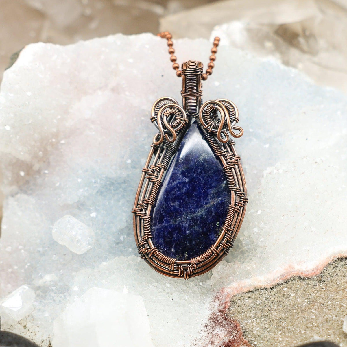 Sodalite Crystal Copper Wire Wrap Pendant Necklace