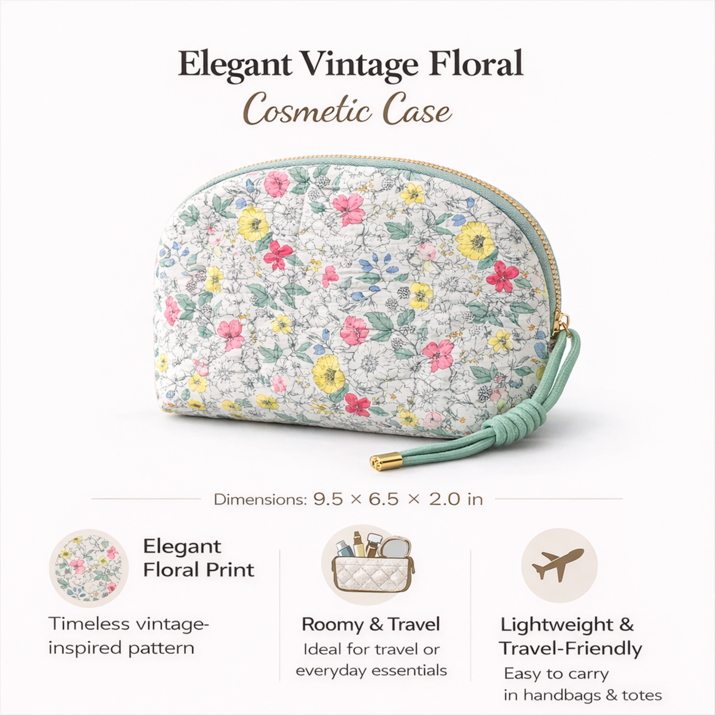 Vintage-Inspired Quilted Floral Cosmetic Case – Curved Makeup Pouch in Soft Pastel Garden Prints