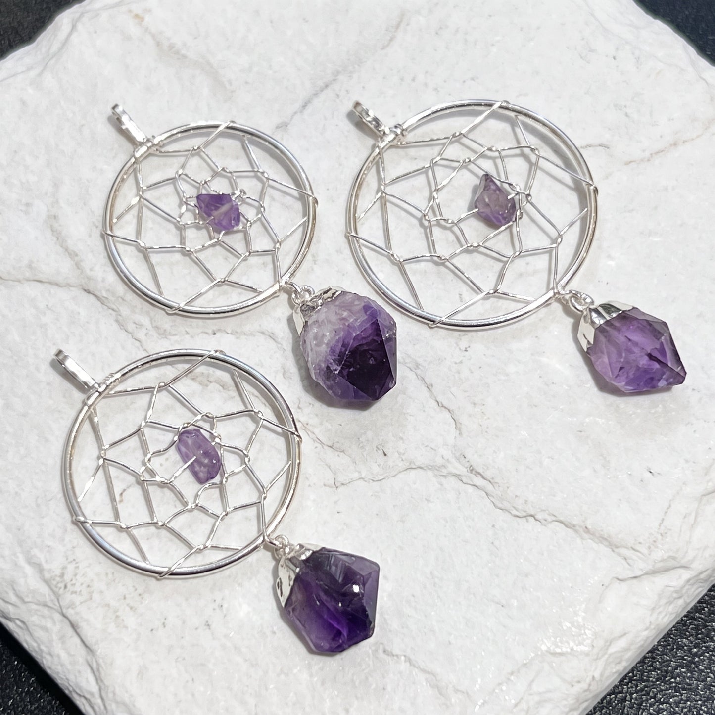 Dreamcatcher Pendant (Amethyst Crystal)(Silver Plated)