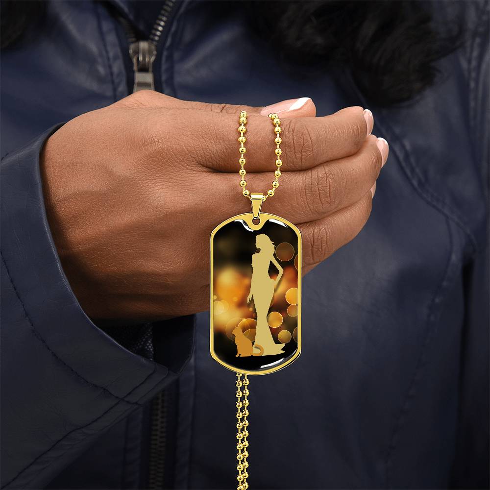 Golden Dress Cat Lady Dog Tag Necklace