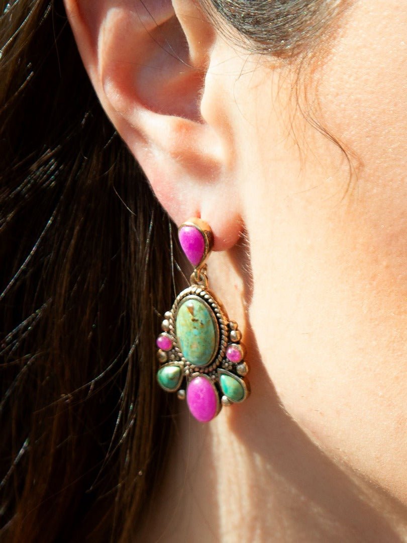 Barcelona Blue Turquoise and Pink Agate Golden Drop Earrings