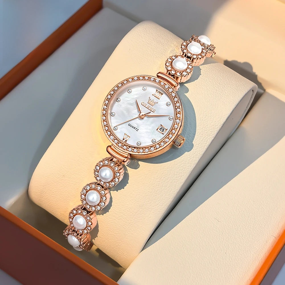 Women's Gold Pearl Bracelet Watch Quartz Date Elegant
