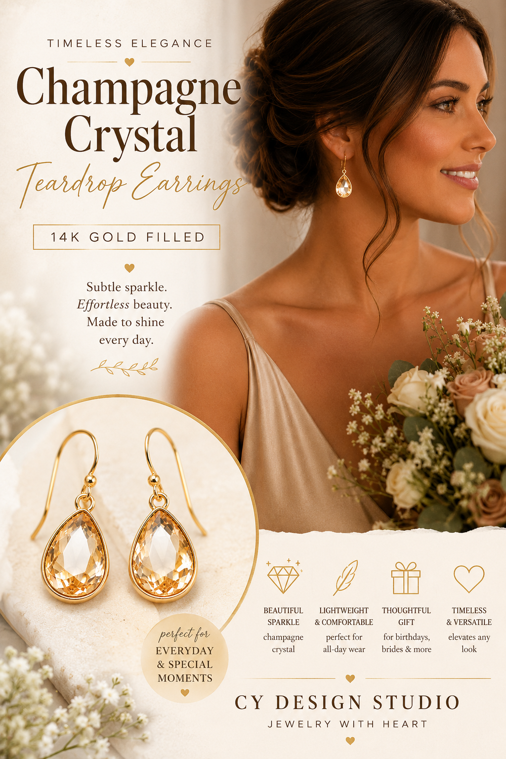 Champagne Crystal Teardrop Earrings – 14K Gold Filled
