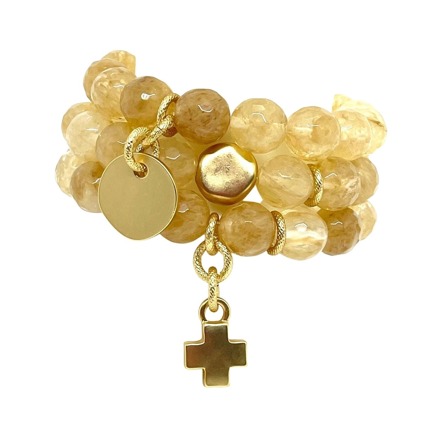 Citrine Quartz Stretch Bracelet With Matte Gold Flat Bead