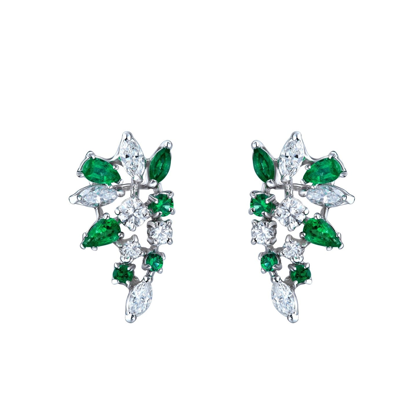 Natural Diamond & Emerald Cluster Stud Earrings in 14K White Gold – 2.72ctw