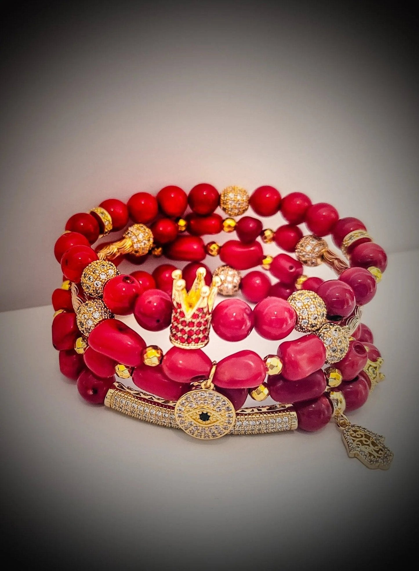 Eye Focused Red "Coral" Crown Bracelet set