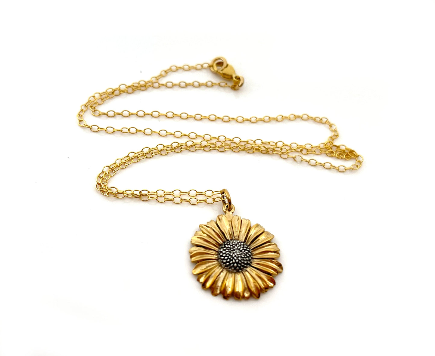 Sunflower Flower Charm Necklace - 14k Gold Filled Necklace - Handmade Jewelry