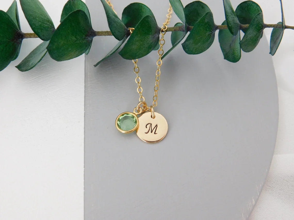 Gold Initial & Birthstone Necklace – Hand Stamped Charm with Swarovski Crystal