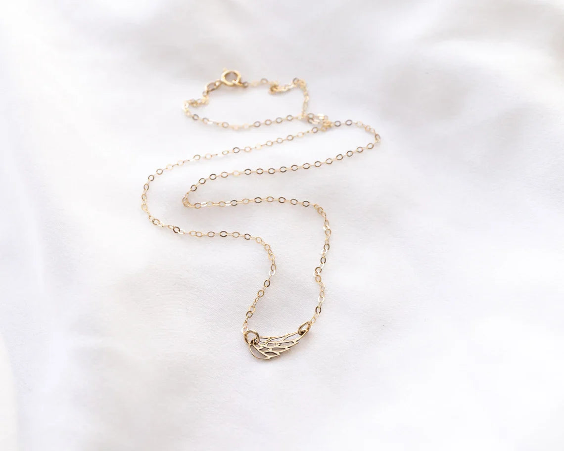 Sideways Angel Wing Memorial Necklace – 18" Gold Filled or Sterling Silver
