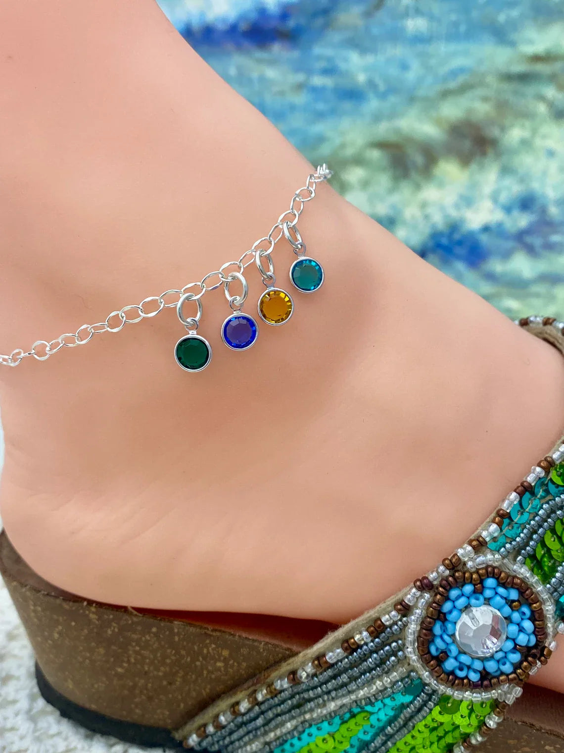 Personalized Birthstone Anklet for Mom – Adjustable Sterling Silver 8–9"