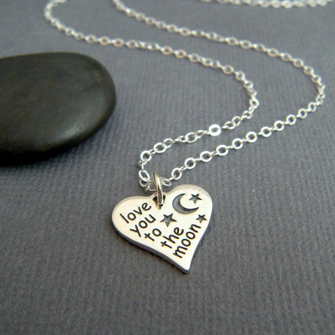 Love You to the Moon Necklace – Sterling Silver Heart Charm on 18" Chain