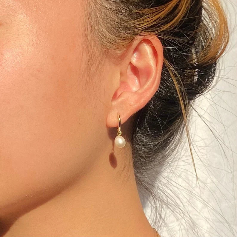 Gold Huggie Hoops with Freshwater Pearls – Handcrafted Bronze Hoops, Sterling Earwires, 14mm