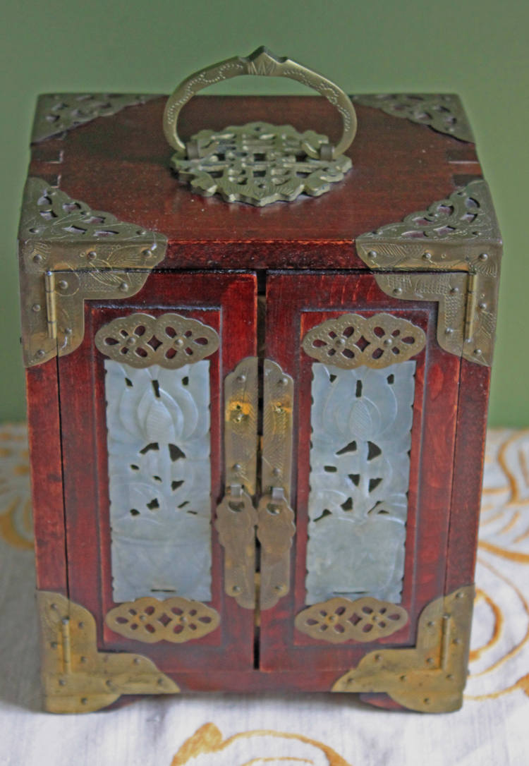 Hand Made Wooden Jewelry Cabinet with Drawers. Box with Jade Inserts on Doors, Brass Hardware and Handle. Vintage Mini Cabinet.