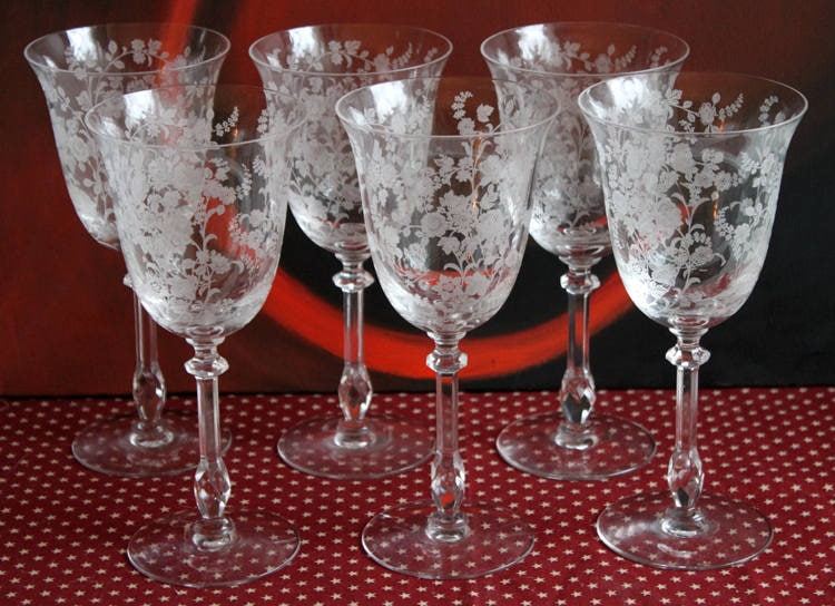 Heisey Champagne Stemware. Set of 6 Orchid Pattern Etched Crystal Glasses. Home Gift. Dining Room Decor. Collectible Glassware.
