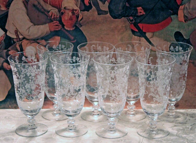 Vintage Fostoria Claret Wine Glasses. Set of Two Chintz Motif Stemware. Fine Dining.