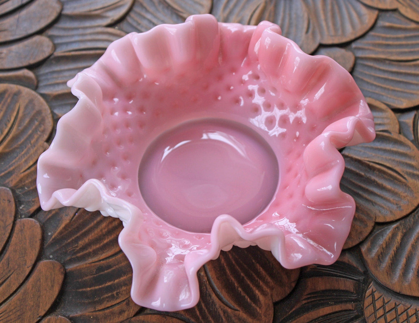 Fenton Blue Opalescent Glass Bowl with Ruffled Rim. Vintage Large Glass Bowl.
