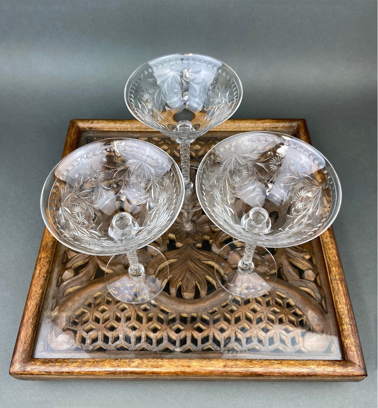 Vintage Wine/Water Goblets. Cut Crystal Tall Stemware. Daisy Garland Motif. Set of Ten Glasses