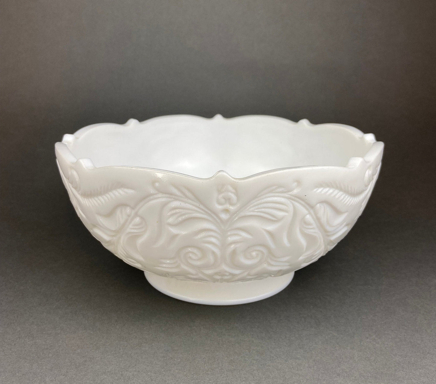 Milk Glass Serving Dishes. Waffle Pattern Footed Bowl and Matching Butter Dish. Scalloped Edge Design. Modern Table Centerpieces.